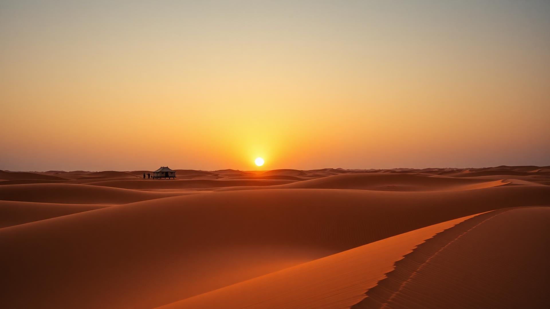 Desert dunes at sunset with a distant tented camp